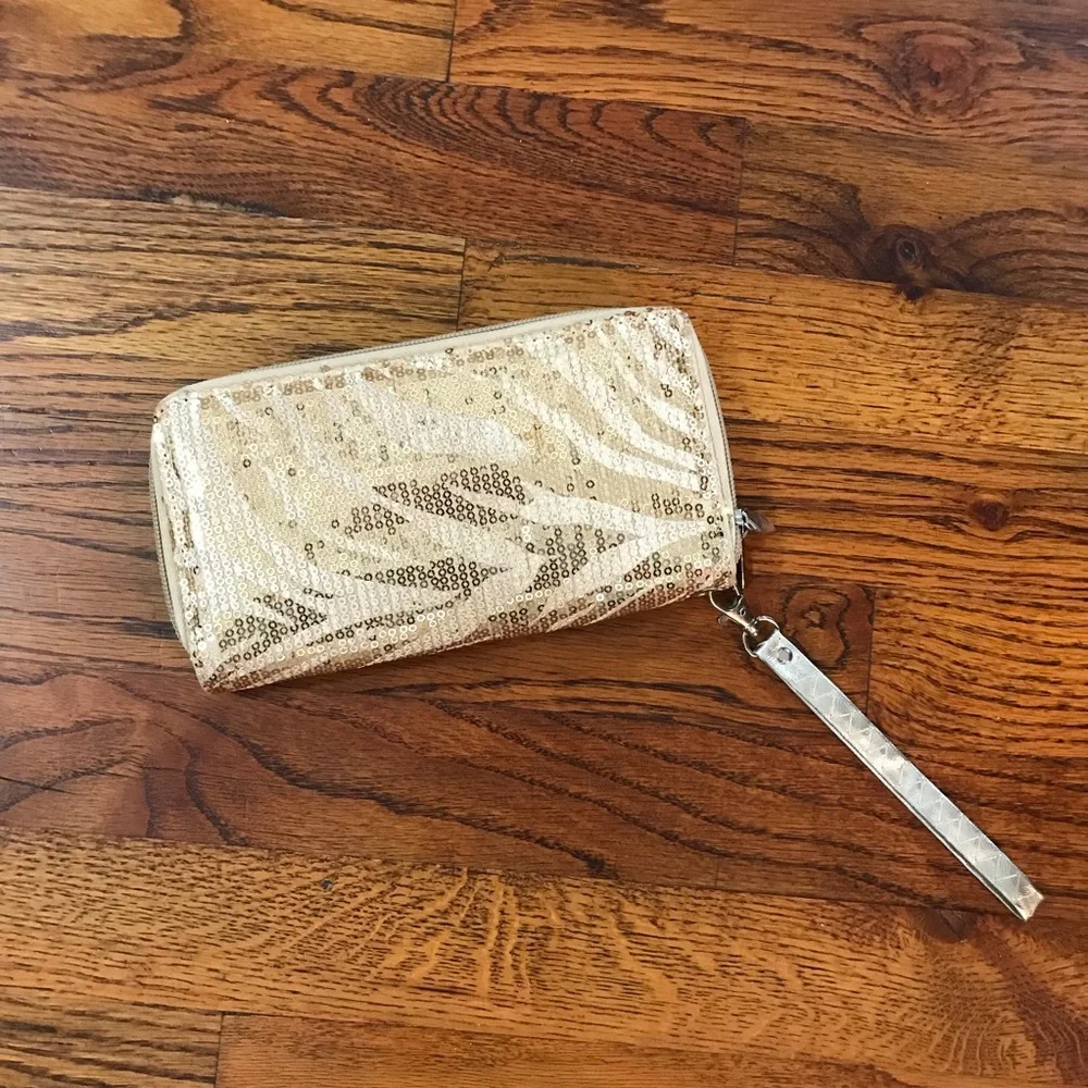 Ladies Gold & Cream Color Sequin Clutch Wallet Handbag Carry All Purse Credit C…